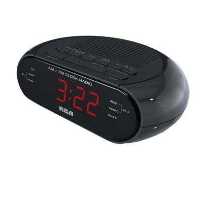 RCA RC205A AM/FM Alarm Clock, Black, Dual Wake, 0.6" Red LED, Sleep and Snooze Functions
