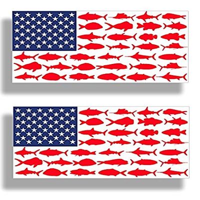 2 pcs American Flag Fish Sticker 5 Inch Vinyl Fishing Decals for Boat, Kayak, Car Bumper, Hard Hat, Toolbox | Waterproof Patriotic Fishing Stickers for Boats & Outdoors
