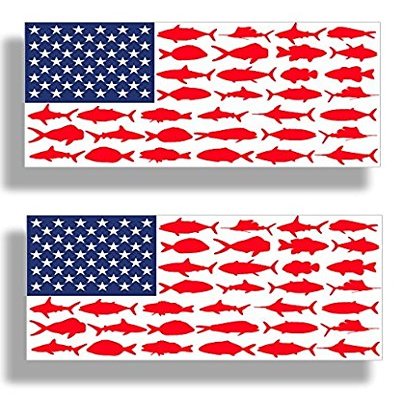 2 pcs American Flag Fish Sticker 5 Inch Vinyl Fishing Decals for Boat, Kayak, Car Bumper, Hard Hat, Toolbox | Waterproof Patriotic Fishing Stickers for Boats & Outdoors