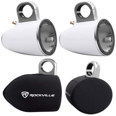 Pair Kicker 43KMTES8W White Marine 8" Speaker Wakeboard Tower Enclosures KMTES8 Bundle with Pair Rockville RWBC80 Neoprene Covers for 8" Marine Wakeboard Tower Speakers