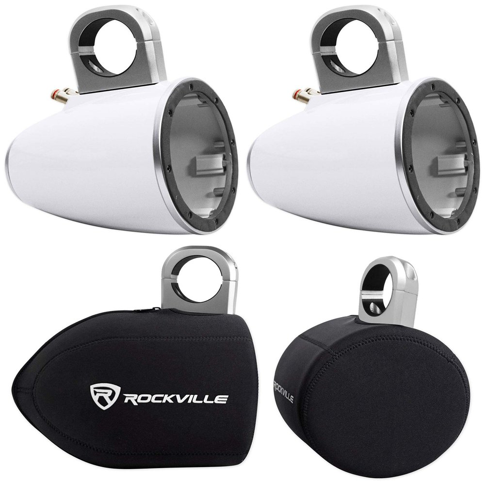 Pair Kicker 43KMTES8W White Marine 8" Speaker Wakeboard Tower Enclosures KMTES8 Bundle with Pair Rockville RWBC80 Neoprene Covers for 8" Marine Wakeboard Tower Speakers