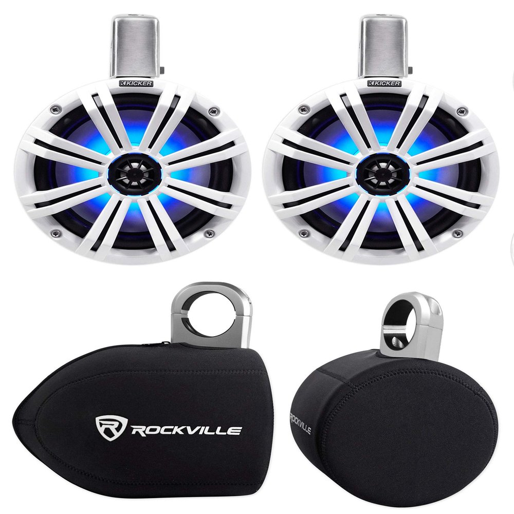 KICKER 2 45KMTC8W 8" 600w Marine Wakeboard Tower Speakers w/LED's+Covers KMTC8