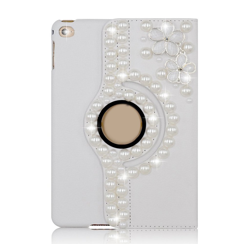 STENES Galaxy Tab A 10.1 Case - Stylish - 3D Handmade Crystal Flowers Floral 360 Degree Rotating Stand Cover with Auto Sleep/Wake Feature for Samsung Galaxy Tab A 10.1 - White