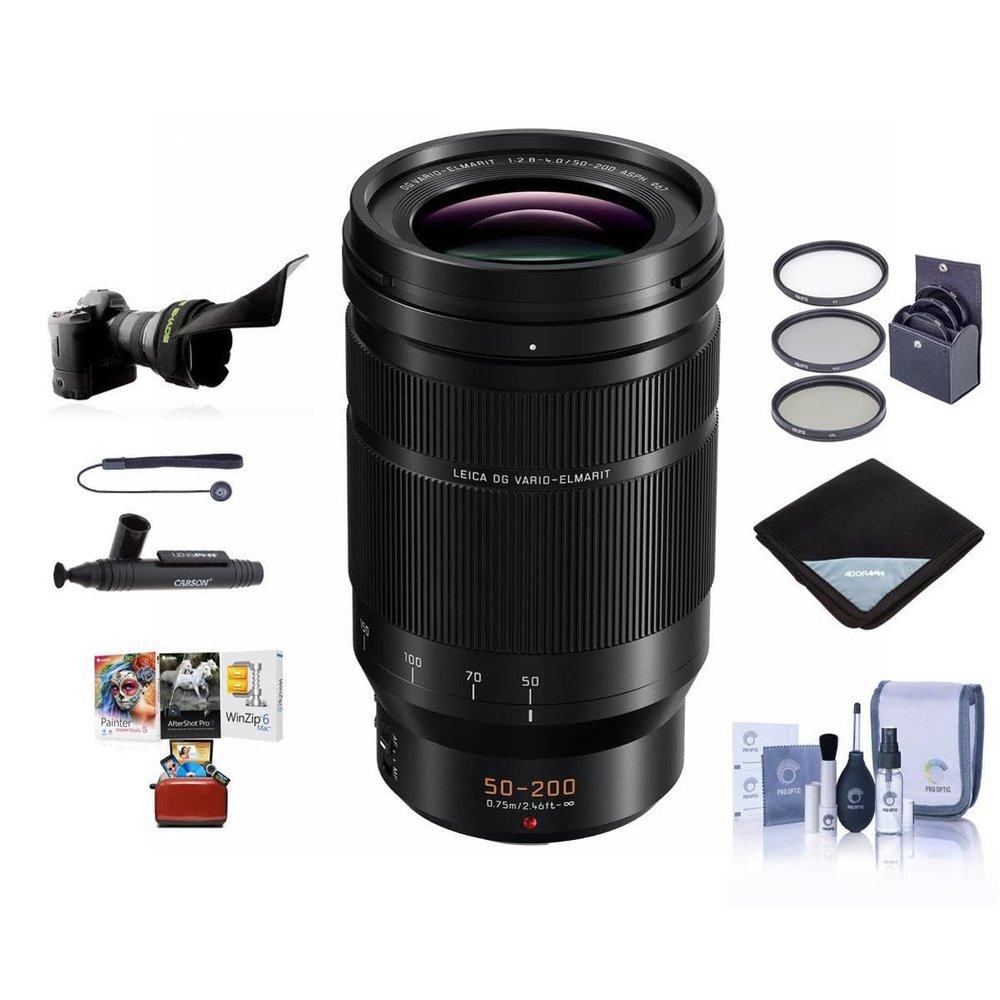 Panasonic LUMIX G Leica DG Vario-Elmarit 50-200mm f/2.8-4 Aspherical Lens for MFT, Bundle w/67mm Filter Kit, Lens Wrap, Cleaning Kit