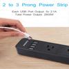 10FT 2 Prong Power Strip, USB Power Strip with 10ft Extension Long Cord, 3-Outlet Surge Protector with 4 USB Charging Ports for Smartphone, Black, 2 Pronged view 3