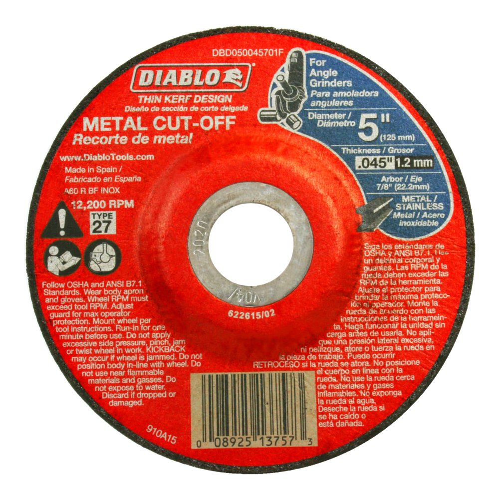 Diablo Type 27 Metal Cut-Off Disc - Superior Performance - 5" Diameter, 7/8" Arbor, 27 Hub Type, 0.045" Thickness, 12200 Max RPM - DBD050045701F