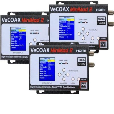 PVI ProVideoInstruments,3 PACK VECOAX MINIMOD-2 HDMI TO COAX MODULATOR to distribute your hdmi video sources to all TVs as HD Channels over existing tv coax cables