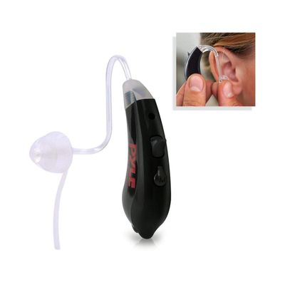 Pyle Hearing Aids for Seniors - Digital BTE Sound Amplifier for Adults with Hearing Loss, Noise Cancelling, 4 Listening Modes, Lightweight Comfortable Fit, Includes Ear Tips Batteries & Case (Black)
