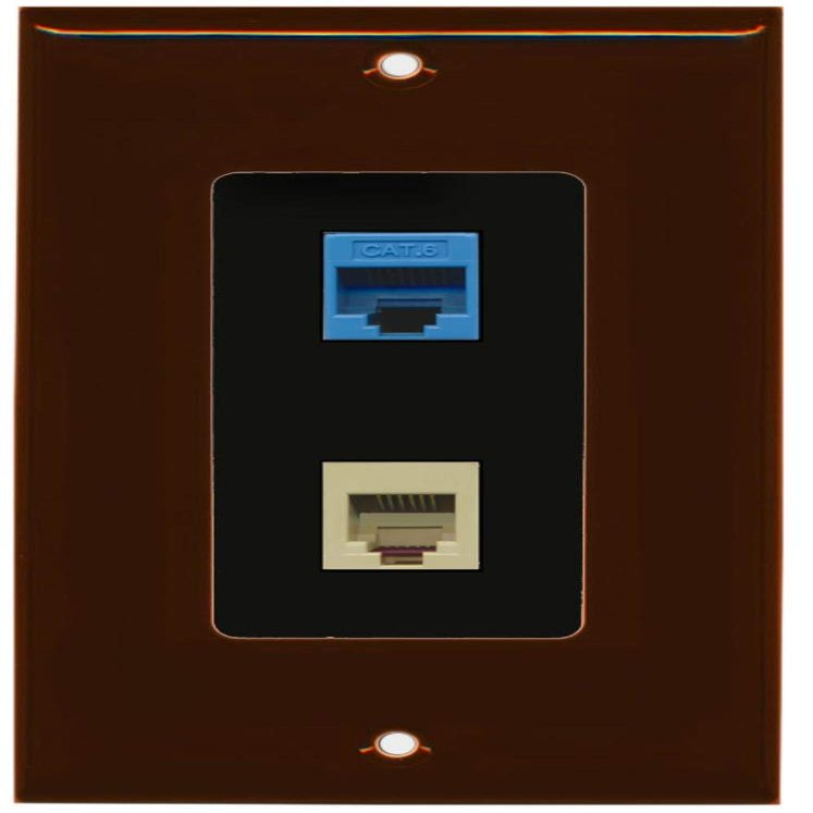 RiteAV - 1 Port Phone Beige 1 Port Cat6 Ethernet Blue Decorative Wall Plate - Brown/Black - Bracket Included