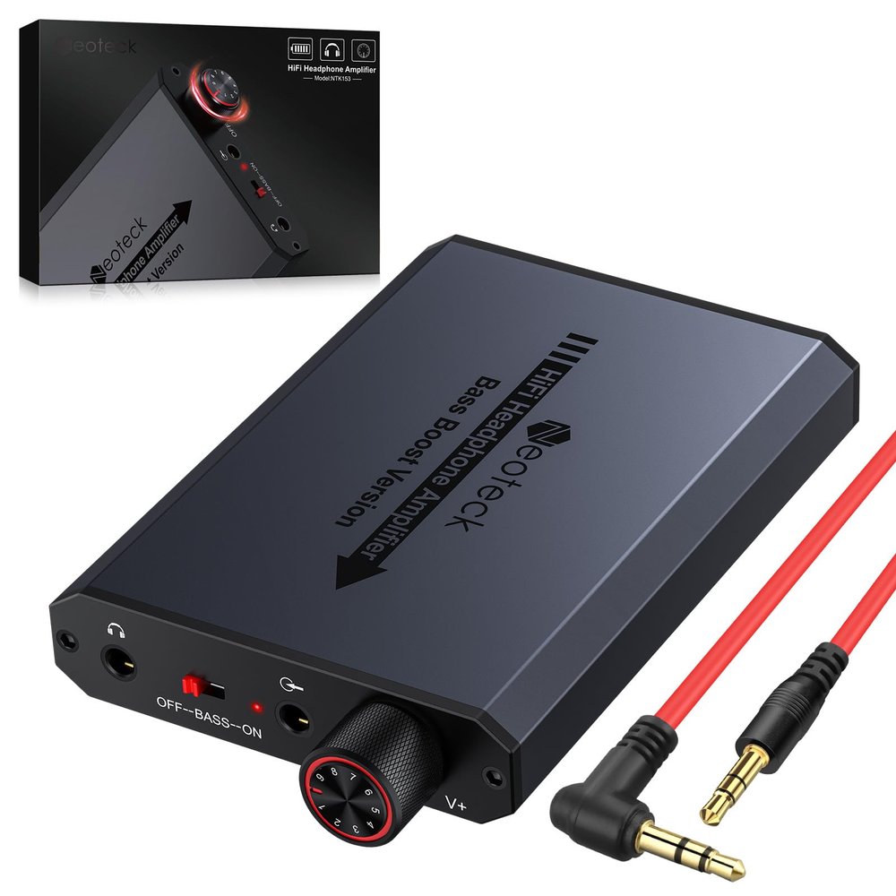 Neoteck 3.5mm Headphone Amp with Bass Boost Portable HiFi Headphone Amplifier, 16-300 Ohm, Aluminum Matte Surface for Mac, Phones, iPad, MP3, MP4 Computers PS4 PS5 Controller-Dark Grey