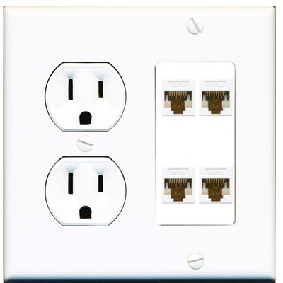 15 Amp Duplex Round Power Outlet 4 Port Cat6 Ethernet Wall Plate White