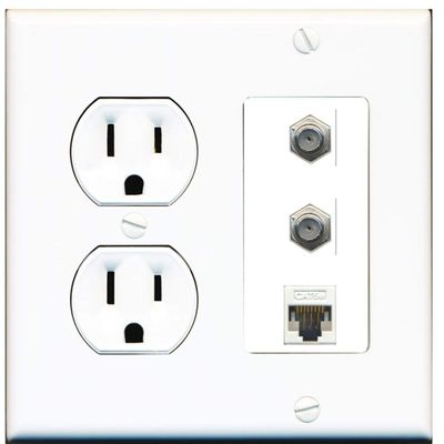 15 Amp Round Power Outlet 2 Port Coax Cable TV 1 Cat5e Ethernet Wall Plate White