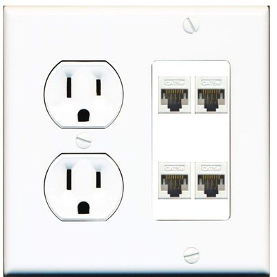 15 Amp Duplex Round Power Outlet 4 Port Cat5e Ethernet Wall Plate White