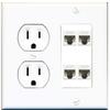 15 Amp Duplex Round Power Outlet 4 Port Cat5e Ethernet Wall Plate White view 1