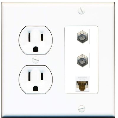 15 Amp Round Power Outlet 2 Port Coax Cable TV 1 Cat6 Ethernet Wall Plate