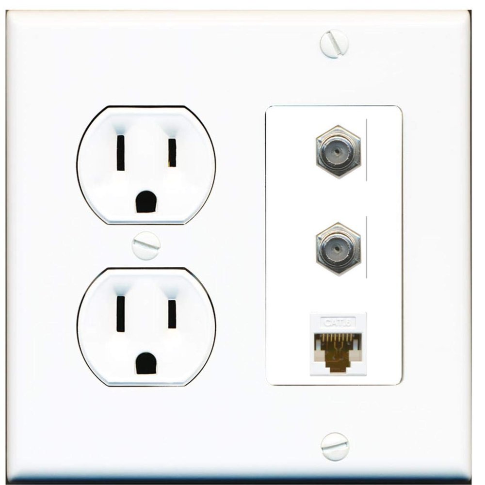 15 Amp Round Power Outlet 2 Port Coax Cable TV 1 Cat6 Ethernet Wall Plate