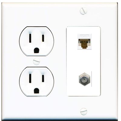 15 Amp Round Power Outlet 1 Port Cat6 Ethernet 1 Coax Cable-TV F-Type Wall Plate White