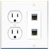 15 Amp Round Power Outlet 2 Port Cat6a Shielded Ethernet Wall Plate White view 1