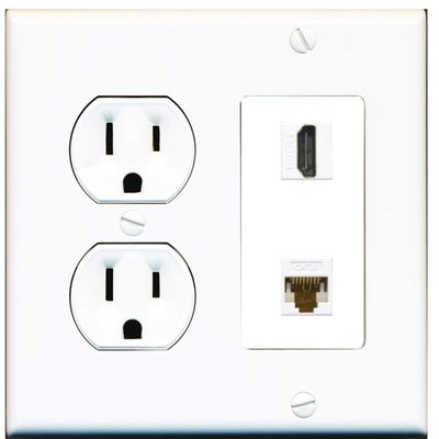 15 Amp Round Power Outlet 1 Port HDMI 1 Cat6 Ethernet Wall Plate White