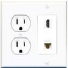 15 Amp Round Power Outlet 1 Port HDMI 1 Cat6 Ethernet Wall Plate White view 1