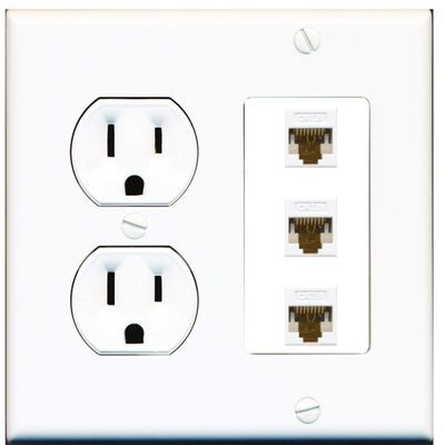15 Amp Round Power Outlet 3 Port Cat6 Ethernet Coupler Wall Plate White