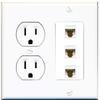15 Amp Round Power Outlet 3 Port Cat6 Ethernet Coupler Wall Plate White view 1
