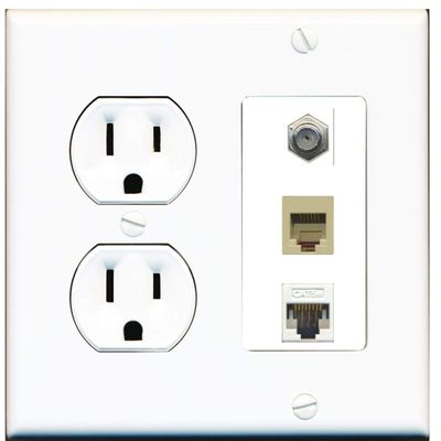 15 Amp Round Power Outlet 1 Port Phone RJ11-12 Cat5e Ethernet Coax Wall Plate