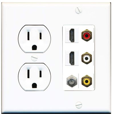 15 Amp Round Power Outlet 3 Port RCA 2 HDMI 1 Coax Cable TV Port Wall Plate