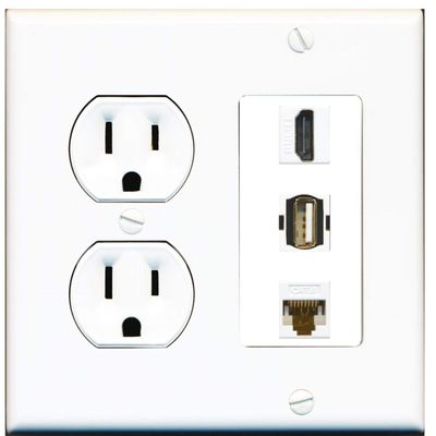 15 Amp Round Power Outlet 1 Port HDMI 1 USB A-A 1 Cat6 Ethernet Wall Plate
