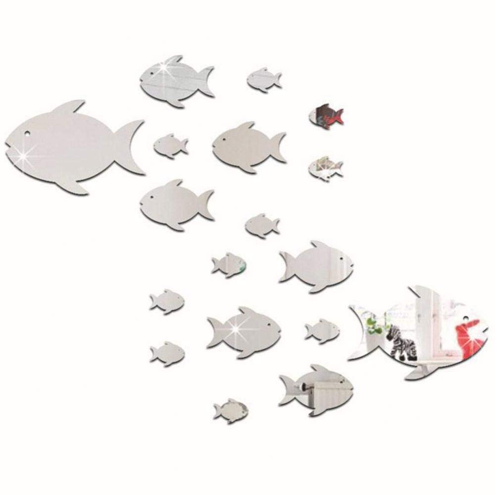 Fdit Creative Acrylic Thin Mirror Stickers Tropical Fish Under The Sea 3D Wall Decals Home Dcor for Kids Bedroom Living(Silver D)