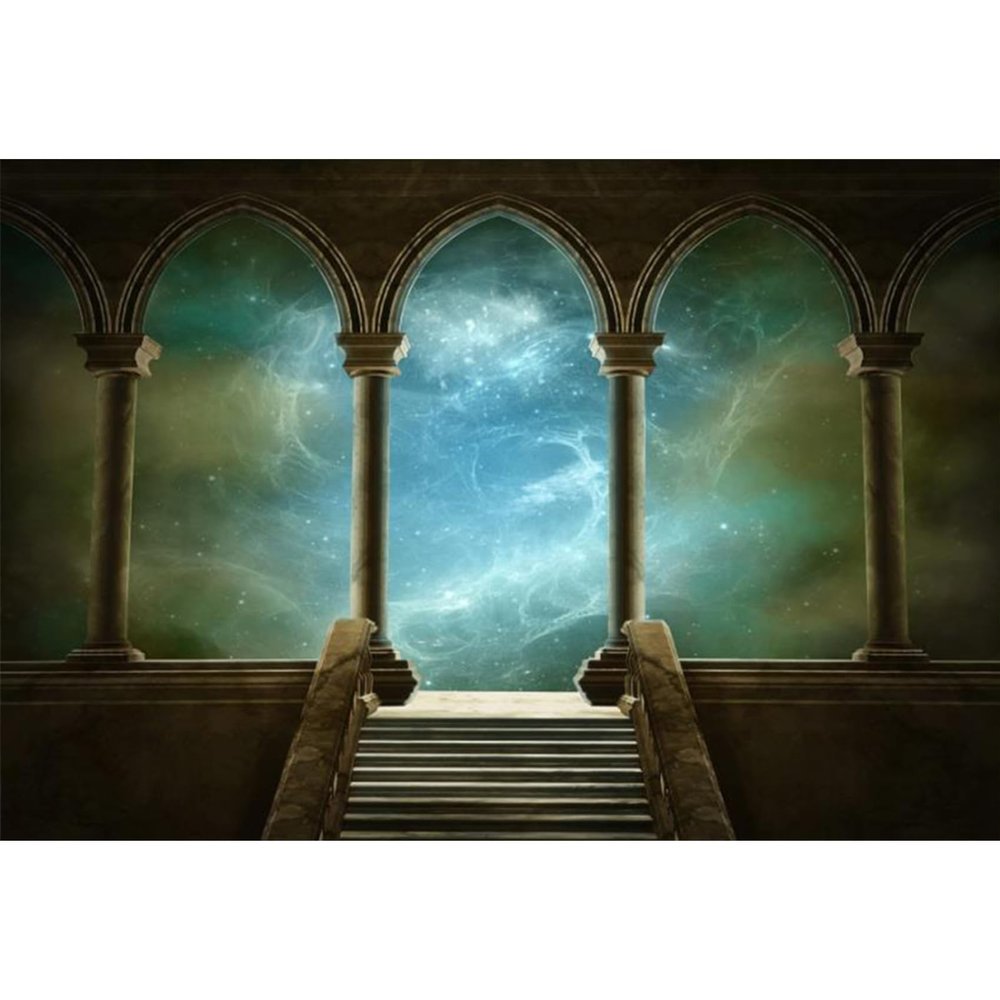 Baocicco 10x7ft Wedding 3D Render Backdrops Fantasy Starry Sky from Ancient Arches Background Mediaeval Gallery Temple Castle Marble Stone Column Staircase Photo Props