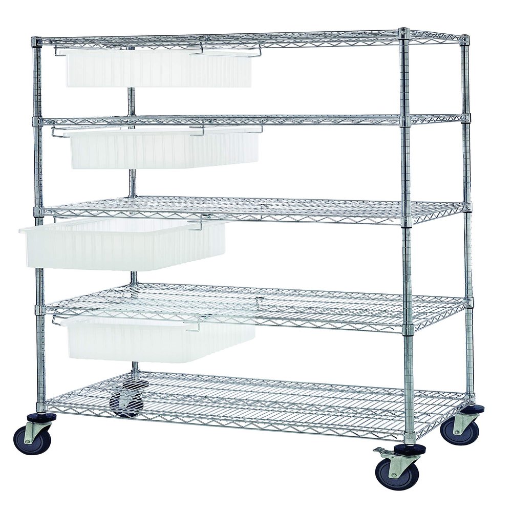 Quantum Storage Systems WRC5-63-2460-93060CL Wire Heavy Duty Wheels 5 Shelves 4 Dividable Grid Clear Bins 69" H x 60" W x 24" D
