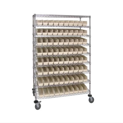 Quantum Storage Systems WRC9-63-2448-105IV Wire Heavy Duty Wheels 9 Shelves 80 Economy Ivory Bins 69" H x 48" W x 24" D
