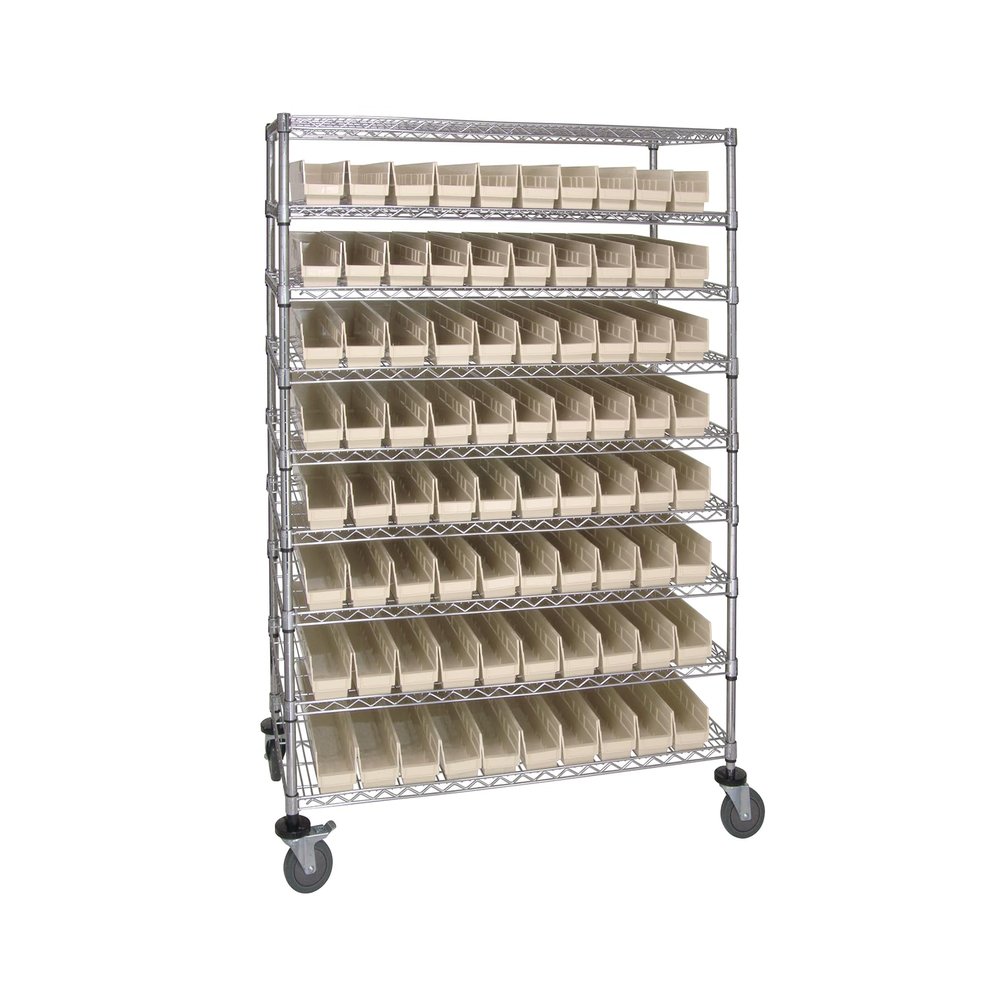 Quantum Storage Systems WRC9-63-2448-105IV Wire Heavy Duty Wheels 9 Shelves 80 Economy Ivory Bins 69" H x 48" W x 24" D