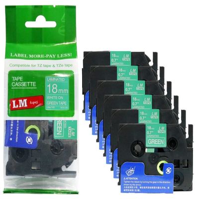 6/Pack LM Tapes - LMe745 Premium 3/4" White Print on Green Label Compatible with Brother TZe745 P-Touch Tape Includes Tape Color/Size Guide. Replaces TZ-745 18mm 0.7 Laminated