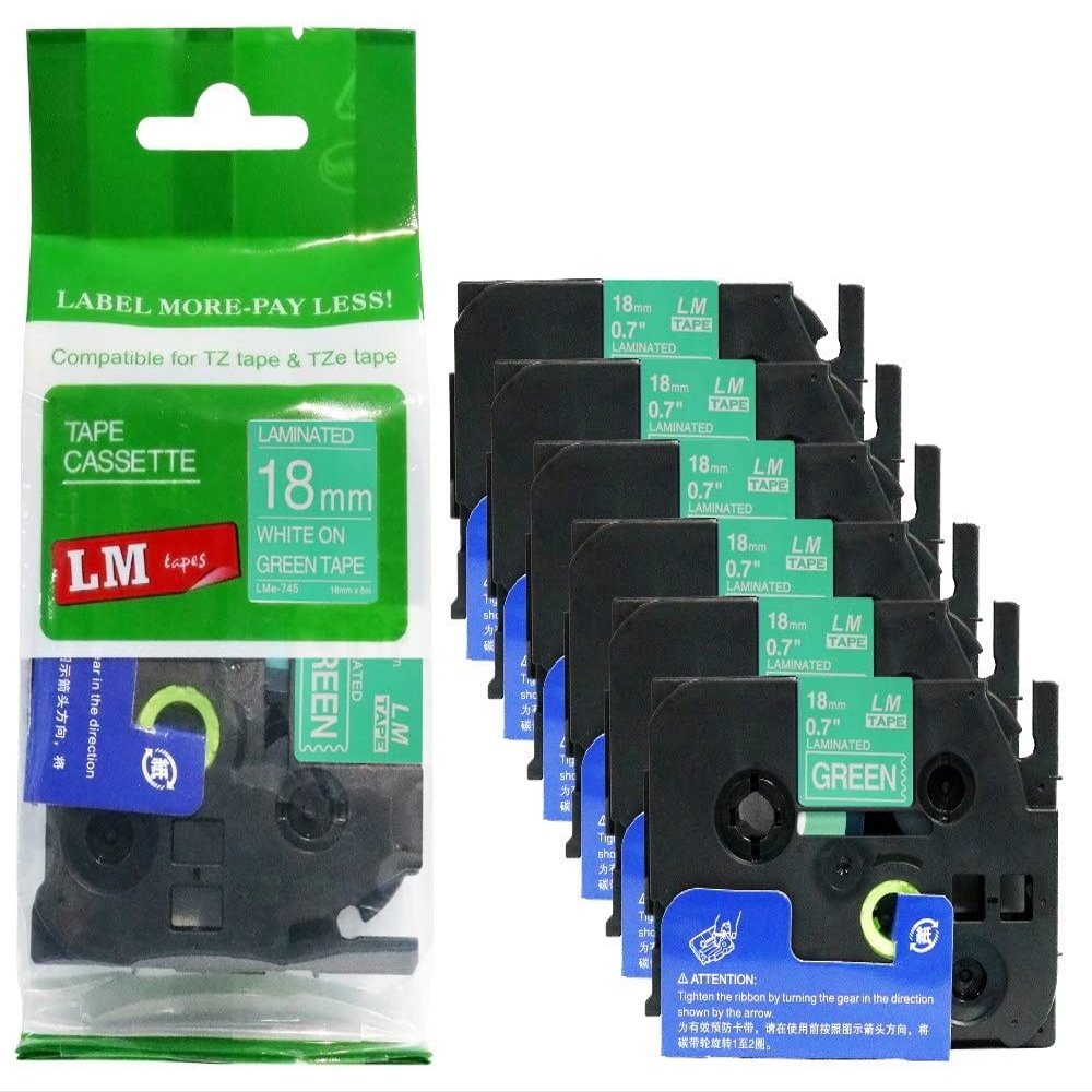 6/Pack LM Tapes - LMe745 Premium 3/4" White Print on Green Label Compatible with Brother TZe745 P-Touch Tape Includes Tape Color/Size Guide. Replaces TZ-745 18mm 0.7 Laminated