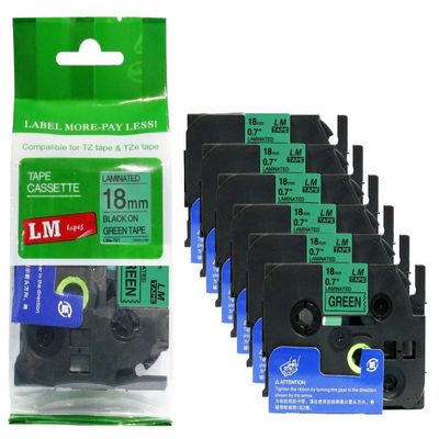 6/Pack LM Tapes - LMe741 Premium 3/4" Black Print on Green Label Compatible with Brother TZe741 P-Touch Tape Includes Tape Color/Size Guide. Replaces TZ-741 18mm 0.7 Laminated