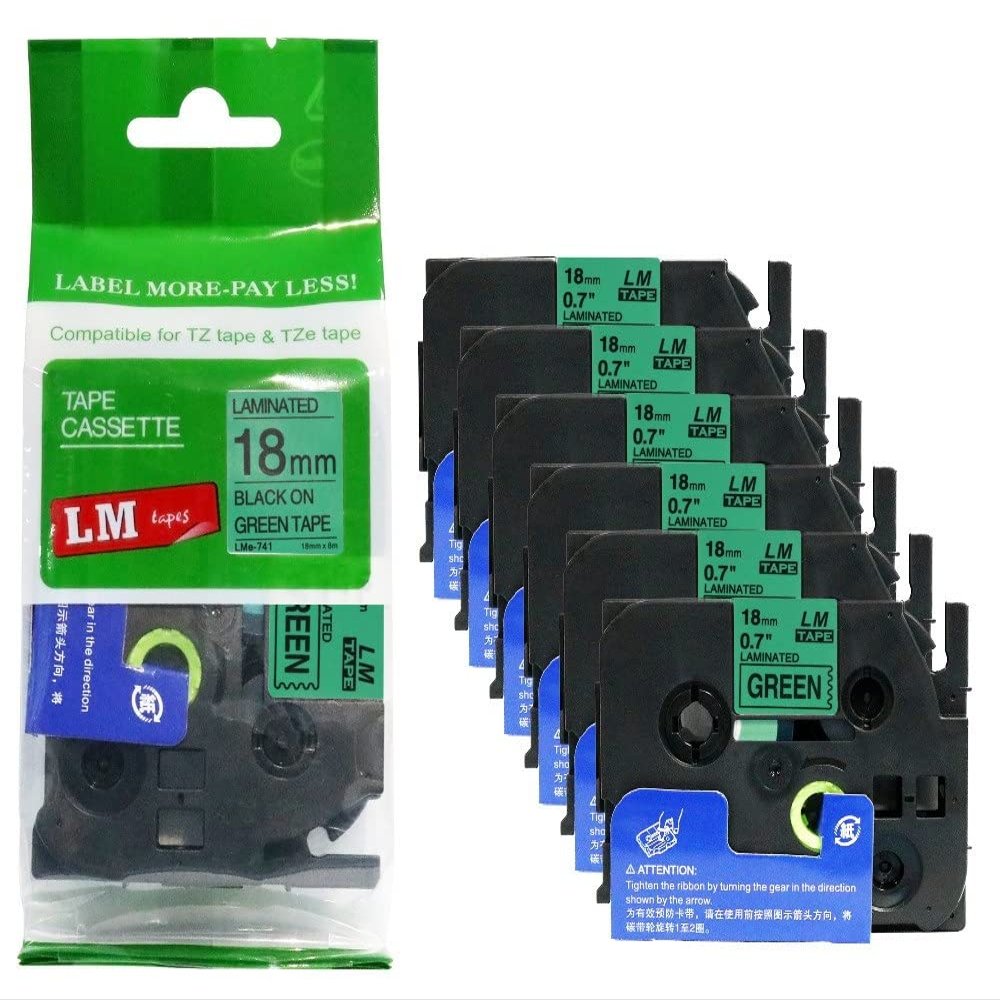 6/Pack LM Tapes - LMe741 Premium 3/4" Black Print on Green Label Compatible with Brother TZe741 P-Touch Tape Includes Tape Color/Size Guide. Replaces TZ-741 18mm 0.7 Laminated