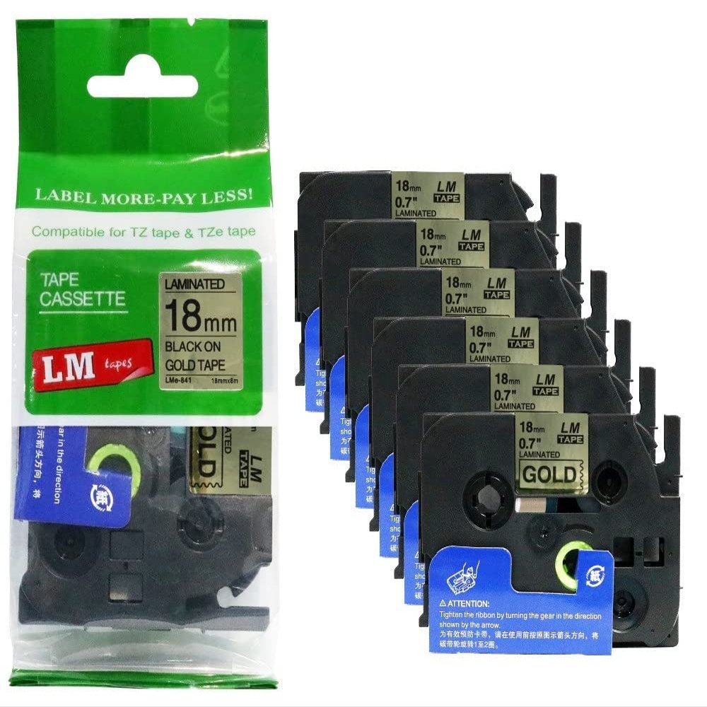 6/Pack LM Tapes - LMe841 Premium 3/4" Black Print on Gold Label Compatible with Brother TZe841 P-Touch Tape Includes Tape Color/Size Guide. Replaces TZ-841 18mm 0.7 Laminated