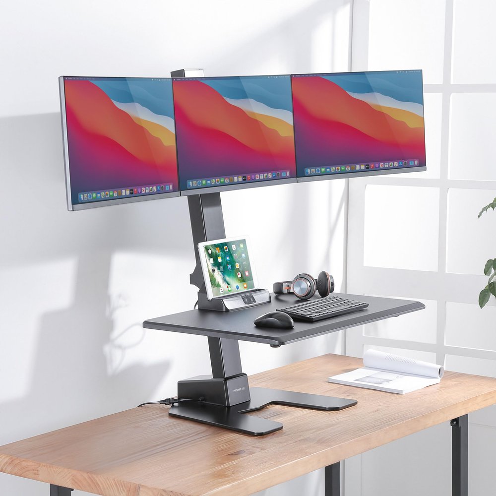 Mount-It! Triple Monitor Electric Standing Desk Converter - 3 Screens Stand Up Desk Riser - Height Adjustable Desktop & 3 Mounts for Screens up to 32", Sit-Stand Convertor for Home, Office, School
