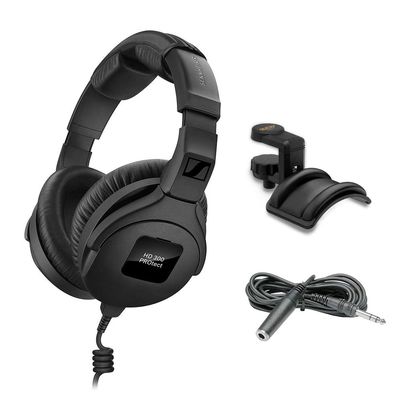 Sennheiser HD 300 Pro Headphones, Black with Headphone Holder & Stereo 1/4" Male Phone TRS Headphone Extension Cable 10'