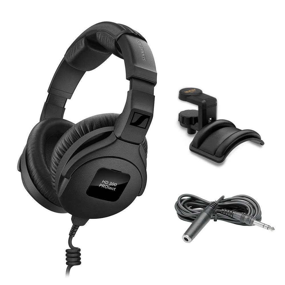 Sennheiser HD 300 Pro Headphones, Black with Headphone Holder & Stereo 1/4" Male Phone TRS Headphone Extension Cable 10'