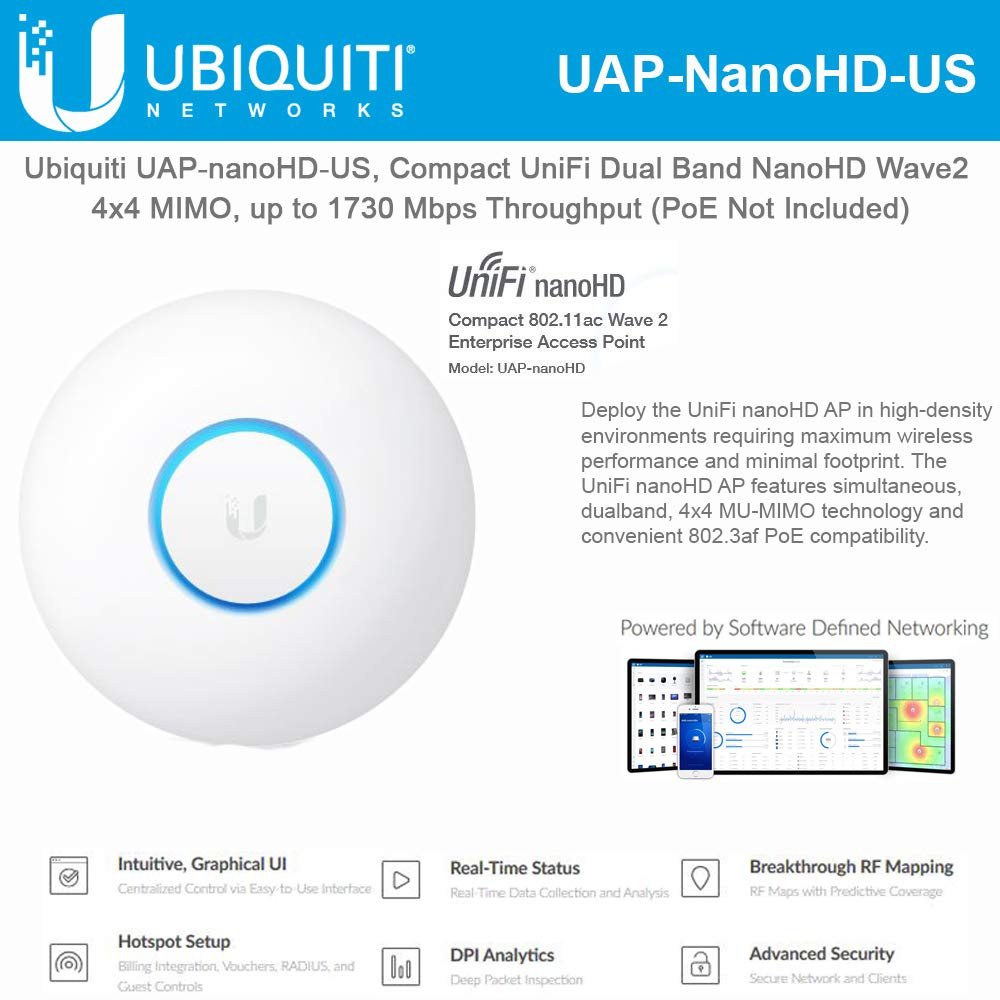 UniFi nanoHD UAP-nanoHD-US Compact Dual Band Wave2 Enterprise Wi-Fi 4x4 MIMO 1730 Mbps