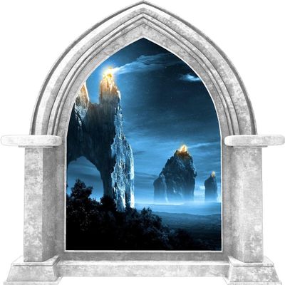 24" Castle Scape Beacons in The Night Marble Castle Window Wall Decal Removable Peel and Stick Mythical Medieval Knights Armor Fantasy