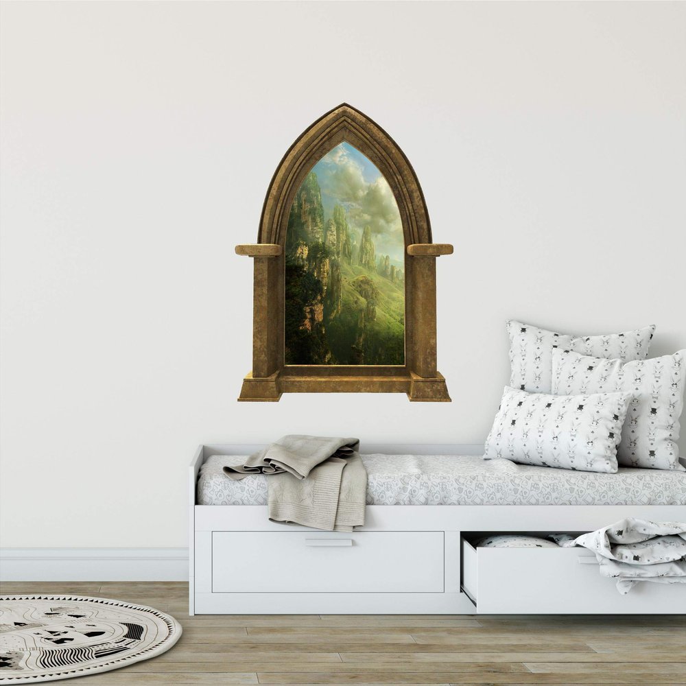 24" Castle Scape Rock Towers #1 Sandstone Stone Castle 3D Window Wall Decal Sticker Mural Kids Bedroom Playroom Medieval Fantasy Fairytale Peel and Stick Decor