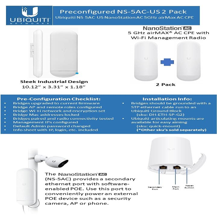 NanoStation AC NS-5AC-US PRE-CONFIGURED 5 GHz Airmax AC CPE; Dedicated Wi-Fi Radio for Management, 450+ Mbps Throughput (2 Pack)