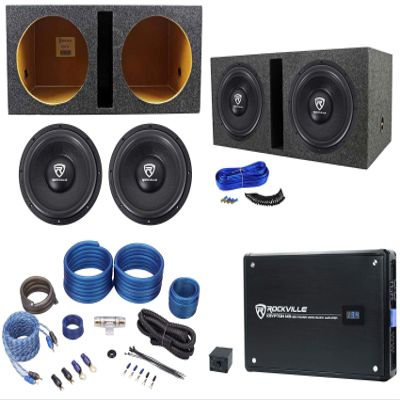 Rockville W12K6D4 V2 K6 Series Bundle: (2) 12" 2400W Peak/600W RMS Dual 4-Ohm Car Subwoofers, Krypton-M3 4000W Mono Amplifier, RDV12 Dual 12" Vented Subwoofer Enclosure, 5-Items