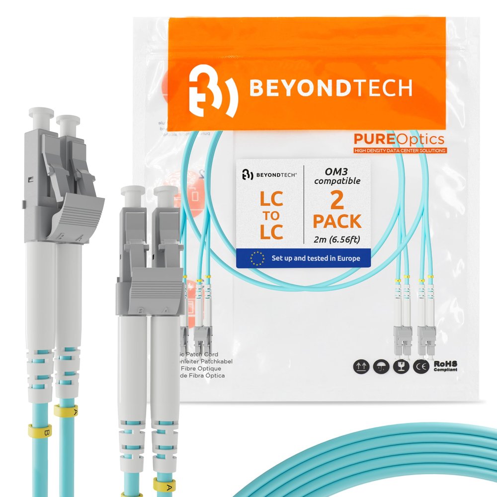 BEYONDTECH 2m (6.56ft) LC to LC Fiber Patch Cable (2-Pack) UPC Multimode Duplex Fiber Optic Cable 50/125m core, Compatible with OM3 10G LSZH PUREOptics Series