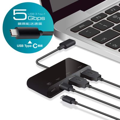 Elecom U3HC-A423P5BK USB Hub, USB Type C, USB 3.1 Gen1 (2 A Female Ports, 2 Type-C Female Ports), Bus Power, USB PD Compatible, Compatible with MacBook, iPad, Surface GO Pro 7, Chromebook, Etc, Black