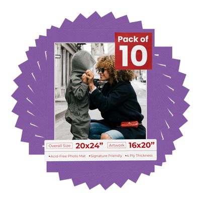 16x20 Mat for 20x24 Frame - Precut Mat Board Acid-Free Show Kit with Backing Board, and Clear Bags Purple 16x20 Photo Matte Made to Fit a 20x24 Picture Frame Matboard for Framing, Pack of 10 Mats
